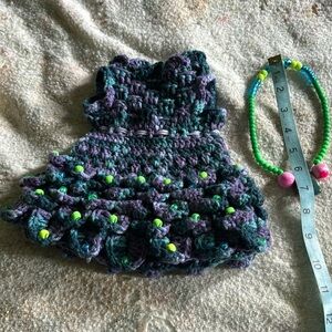 HANDMADE CROCHET DOLL CLOTHES AND MATCHING NECKLACE BEADS
